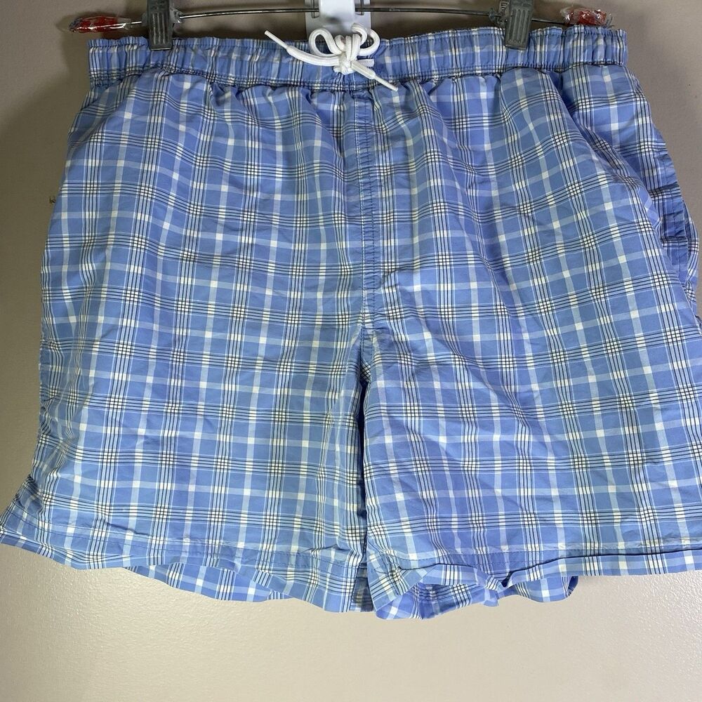 VINTAGE Polo  Ralph Lauren Swim Board Trunks  Mens Medium Blue Plaid Lined
